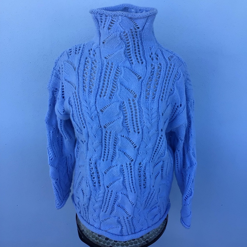 Chunky Open-Knit Turtleneck Sweater - Baby Blue